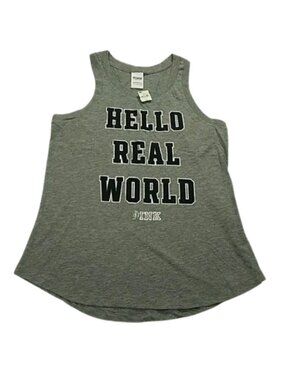 PINK Victoria’s Secret Hello Real World Graphic Tank Top Gray NWT